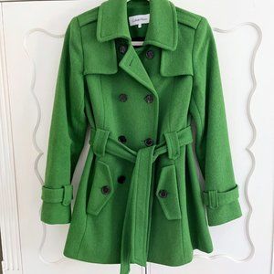 Calvin Klein Wool Blend Peacoat Double Breasted Jacket Coat Belted Size 4 Green
